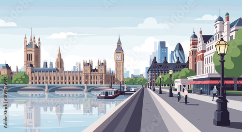 Charming flat design london cityscape with river and iconic landmarks