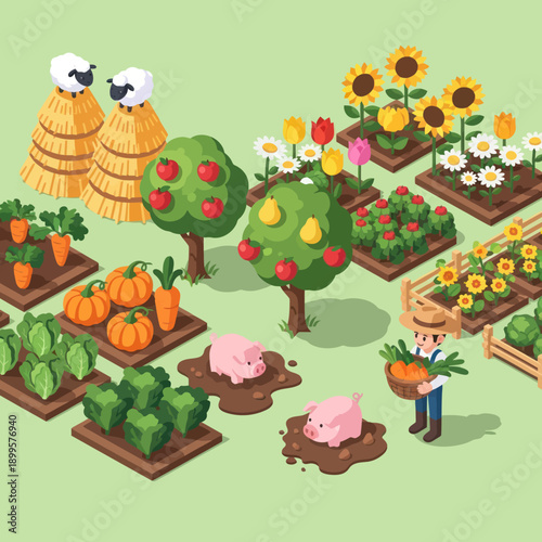 Farmer Tending to Various Crops and Trees.