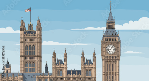 Iconic london landmark with clock tower under clear blue sky