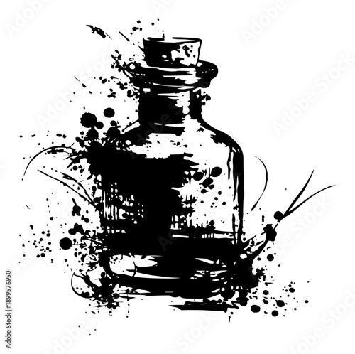 Artistic vintage glass bottle with cork in black ink splatter grunge style