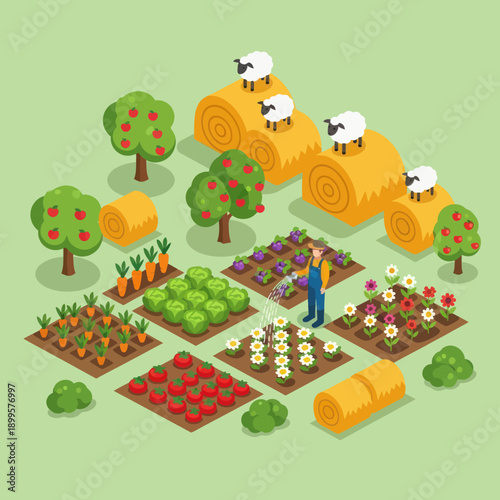 Farmer Tending to Various Vegetable Gardens.