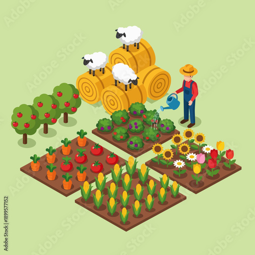 Farmer Tending to Vegetable Garden Plots.