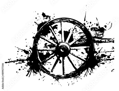 Vintage wooden wagon wheel vector illustration with artistic ink grunge splatters