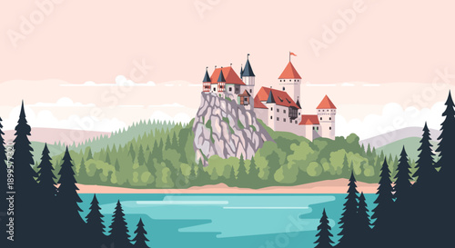 Majestic castle on rocky hill amidst lush forest and tranquil lake scene