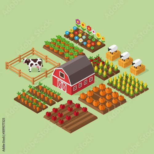 Isometric Farm Scene with Barn and Crops.