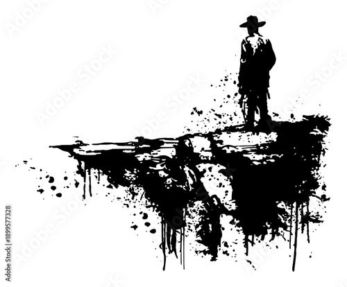 Silhouette of a lone cowboy standing on a cliff with artistic ink splashes