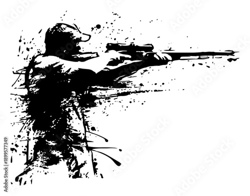 Soldier silhouette aiming a sniper rifle with artistic grunge ink splashes