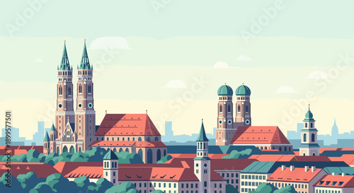 Charming cityscape with historic buildings and skyline in flat design