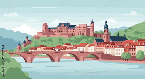Charming riverside townscape with historical castle and bridge in flat design