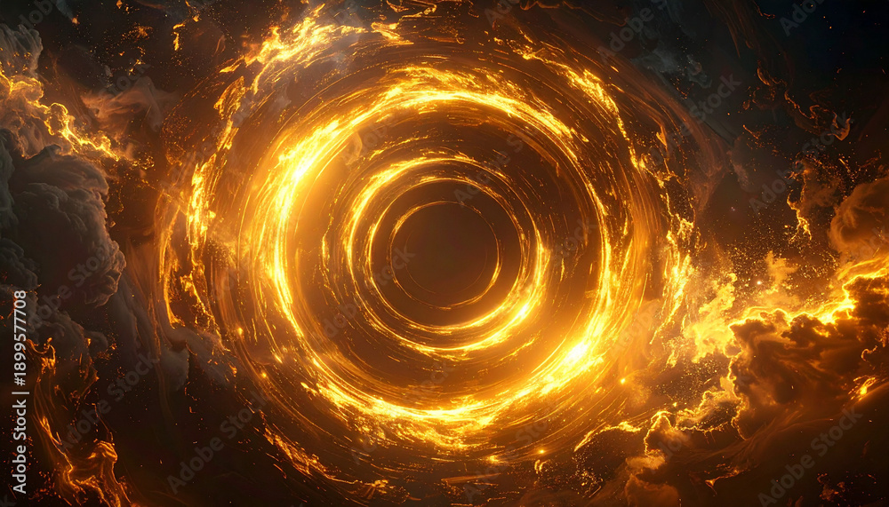Fototapeta premium 炎と煙に包まれた黄金の円形ポータル