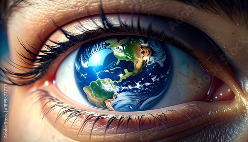 Human eye with Earth globe reflection.
