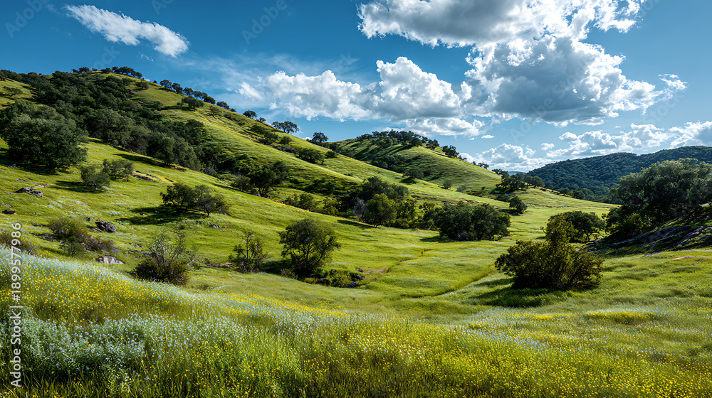 Obraz premium A beautiful spring landscape showing nature coming back to life, with colorful flowers, mild weather, and a calm seasonal atmosphere.