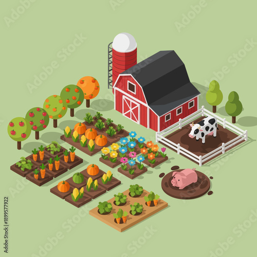 Farm with Barn, Silo, and Livestock.