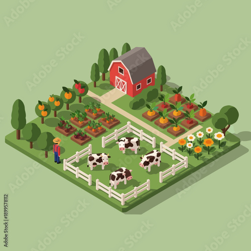 Farm with Barn and Livestock Illustration.