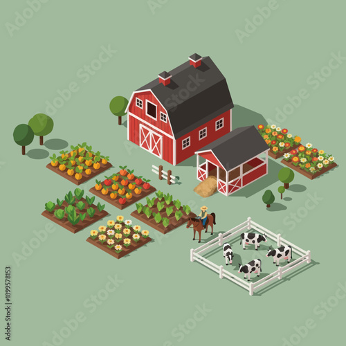 Isometric Farm Scene with Barn and Animals.