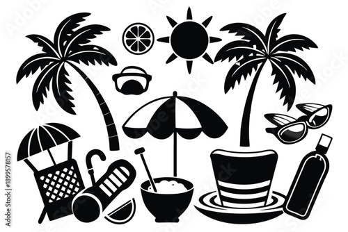 set of summer holiday beach elements silhouette line art vector illustration