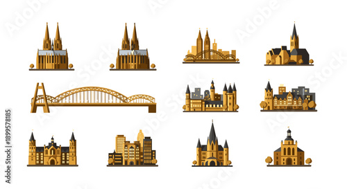 Colorful flat designs of cologne's iconic architecture and landmarks