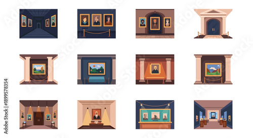Art gallery interiors with framed paintings in elegant classic design