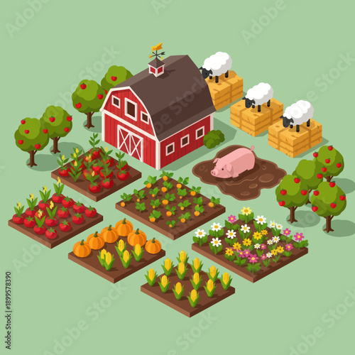 Isometric Farm Scene with Barn and Crops.