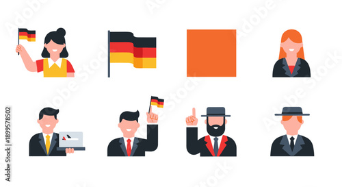 Flat german cultural icons: people, flags, and traditional attire in simple designs