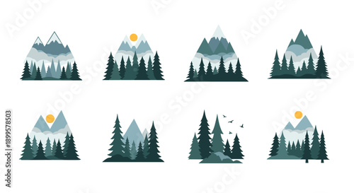 Stylized mountain and pine tree icons with sun and clouds in flat design