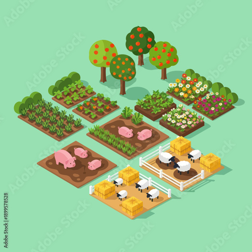 Isometric Farm Scene with Animals and Crops.