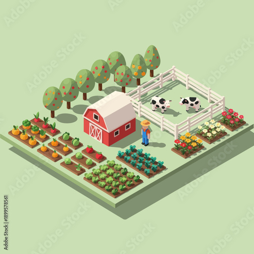 Isometric Farm Scene with Barn and Crops.