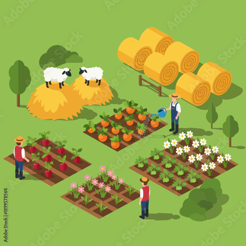 Farmers Tending to Vegetable and Flower Gardens.