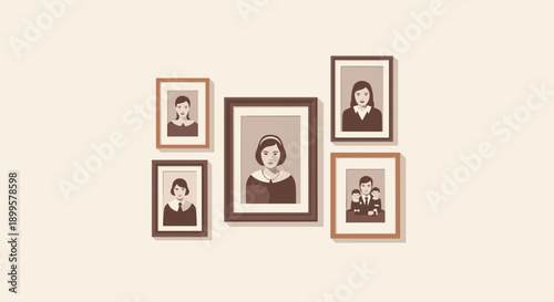 Minimalist family portrait gallery with vintage framed photos in sepia tone