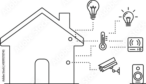 Outline drawing illustrating a connected house system featuring various smart home devices like lighting security and climate control technologies.