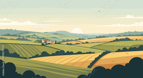 Serene countryside landscape with rolling hills and farmhouse at sunrise