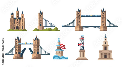 Iconic uk landmarks: tower bridge and historic architecture set in flat style