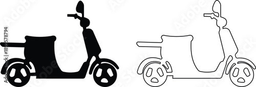 Motorcycle and scooter vector icons set, transport silhouette and outline collection, modern bike symbol group isolated on transparent background for urban mobility design