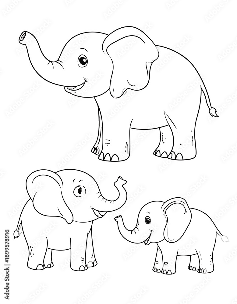 Obraz premium A line drawing of three cartoon elephants with varying poses