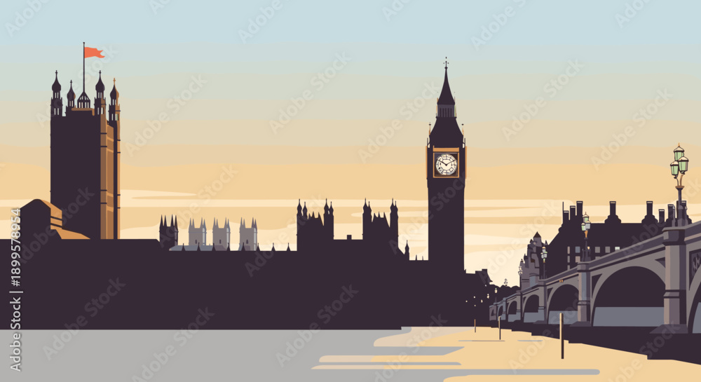 Fototapeta premium Flat design london cityscape with big ben and westminster bridge at sunset