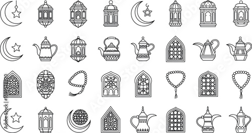 Islamic Ramadan Line Icon Set with Crescent Moon, Lanterns, Teapot, Tasbih, and Traditional Arabic Windows and Ornament Symbols