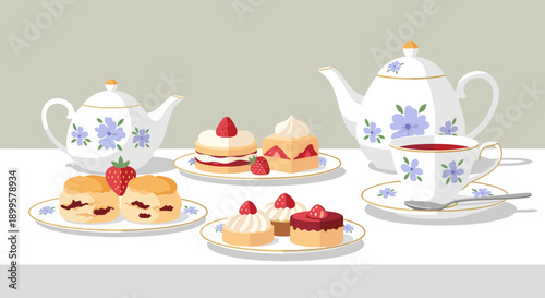 Charming afternoon tea set with teapot, cups, and desserts in flat style