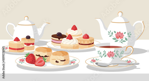 Elegant afternoon tea setup with decorative teapots and assorted desserts on a floral table setting
