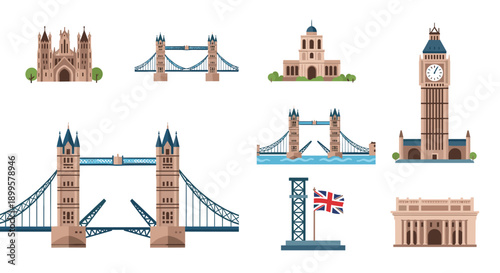 Iconic london landmarks: flat design representations of historical architecture