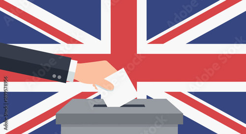 United kingdom voting concept with hand and ballot box on flag background