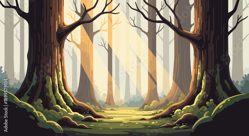 Enchanting forest with sunlit trees and lush foliage in a flat design style