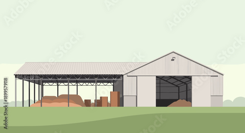 Modern barn architecture in minimalist style with open storage area and green landscape