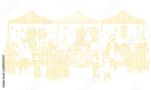 Golden stars forming three buildings, Abstract architecture shapes made of stars