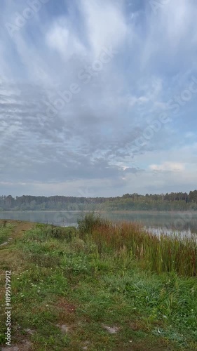 Lake shore at sunrise, tranquil nature video