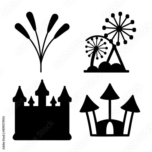 Festive celebration and fantasy park elements in a black silhouette collection