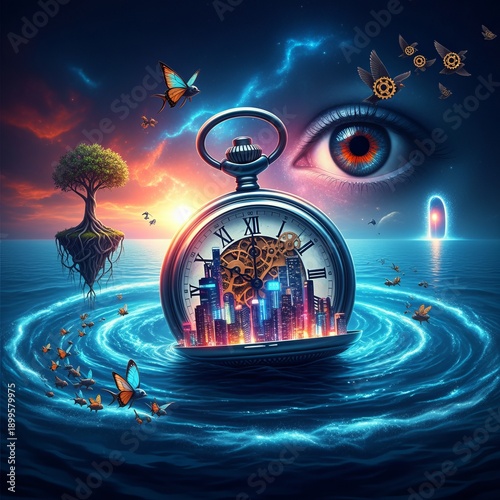 Whimsical Lighthouses Illuminating a Dreamy Landscape with Butterflies in a Magical Reflection