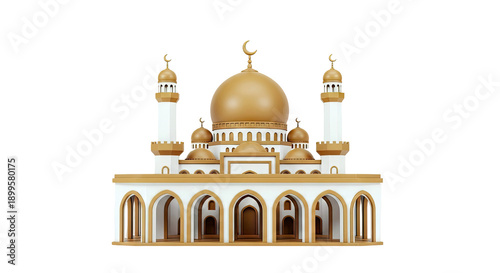 3D Illustration of a Gold and White Mosque with Domes and Minarets