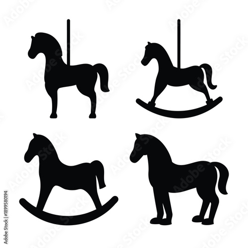 Collection of charming black silhouettes of carousel and rocking horses for children's designs
