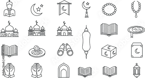 Islamic Religious Outline Icon Set Vector for Ramadan, Eid, Muslim Worship, Prayer, Fasting and Charity Design