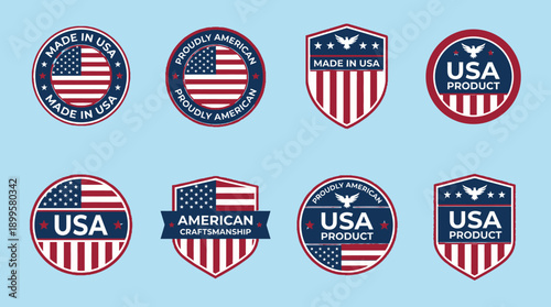 Collection of American flag badges and emblems in various shapes and designs, symbolizing patriotism and national pride in a modern vector illustration